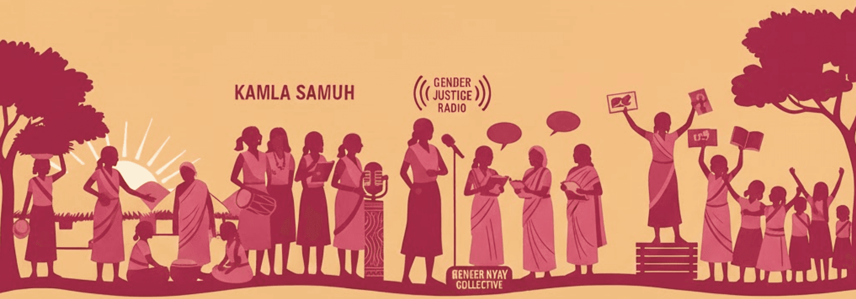 Illustration depicting the Gender Nyay Collective movement — women singing, broadcasting on radio, gathering in community, and raising their voices for gender justice